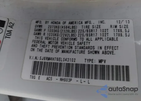 2014 Honda Cr-V Ex-L z USA, uszkodzony, nr VIN 5J6RM4H76EL043102